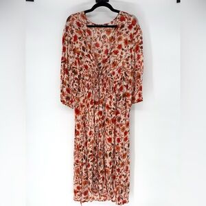 Billabong boHo Cream Floral Maxi Coverup with Rust and Brown Floral Print M/L